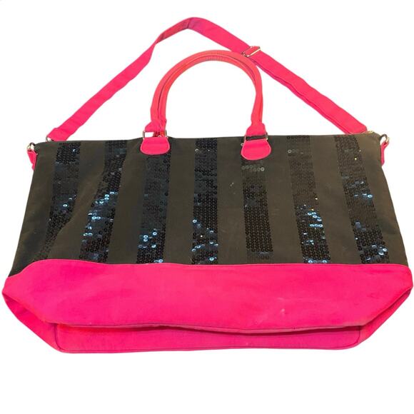 Victoria Secret Pink and Black Sequin Stripe Weekender Shoulder Tote Bag - Picture 2 of 9